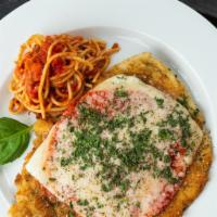 Chicken Parmesan · Breaded chicken topped with tomato sauce and melted mozzarella served with side of spaghetti...