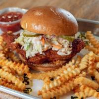 Chicken Sandwich and Spicy Fries · 7 oz. chicken breast, spiced with your choice heat, topped with coleslaw, comeback sauce, di...
