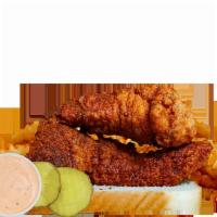 2 Jumbo Tenders and  Spicy Fries · 2 tenders, spiced with your choice of heat, served with, sliced bread, dill pickles, spicy f...