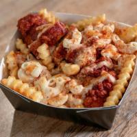 Blazin' Fries · One chopped chicken tender, spiced with your choice of heat, mixed with spicy fries, mac n' ...