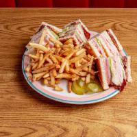 Club Sandwich · Mayo, lettuce, tomato, ham, turkey, bacon, Swiss cheese.