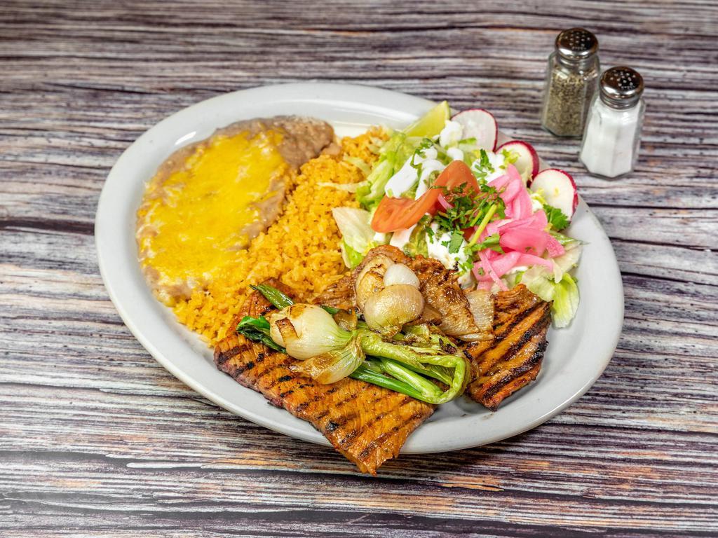 Steak Special Plate · Grilled steak with green onions, rice, beans, sour cream, guacamole, salad, and corn tortillas.