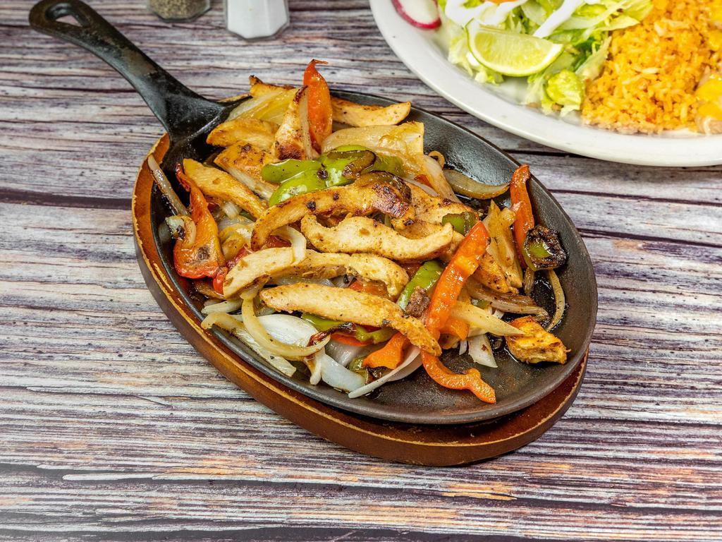 Fajitas Special Plate · Choice of grilled beef or chicken with grilled onions, peppers, rice, beans, guacamole, sour cream, and salad.