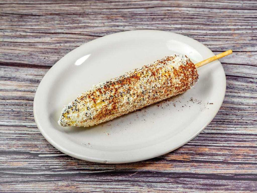 Elote · Grilled corn with mayo cheese and chili.