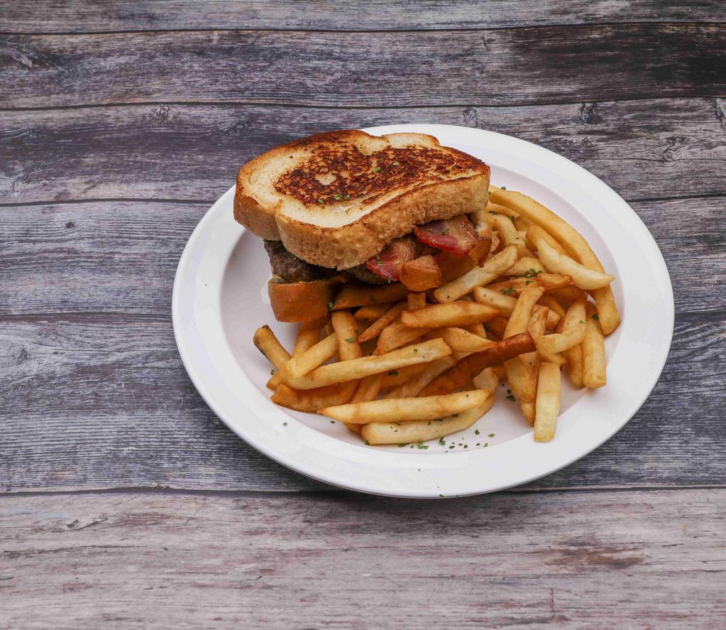 Bacon Grilled Cheese Burger · A fresh ground 1/2 pound Angus steak patty, with three strips of bacon and American cheese with yummy garlic Parmesan Texas toast. Includes choice of 1 side.