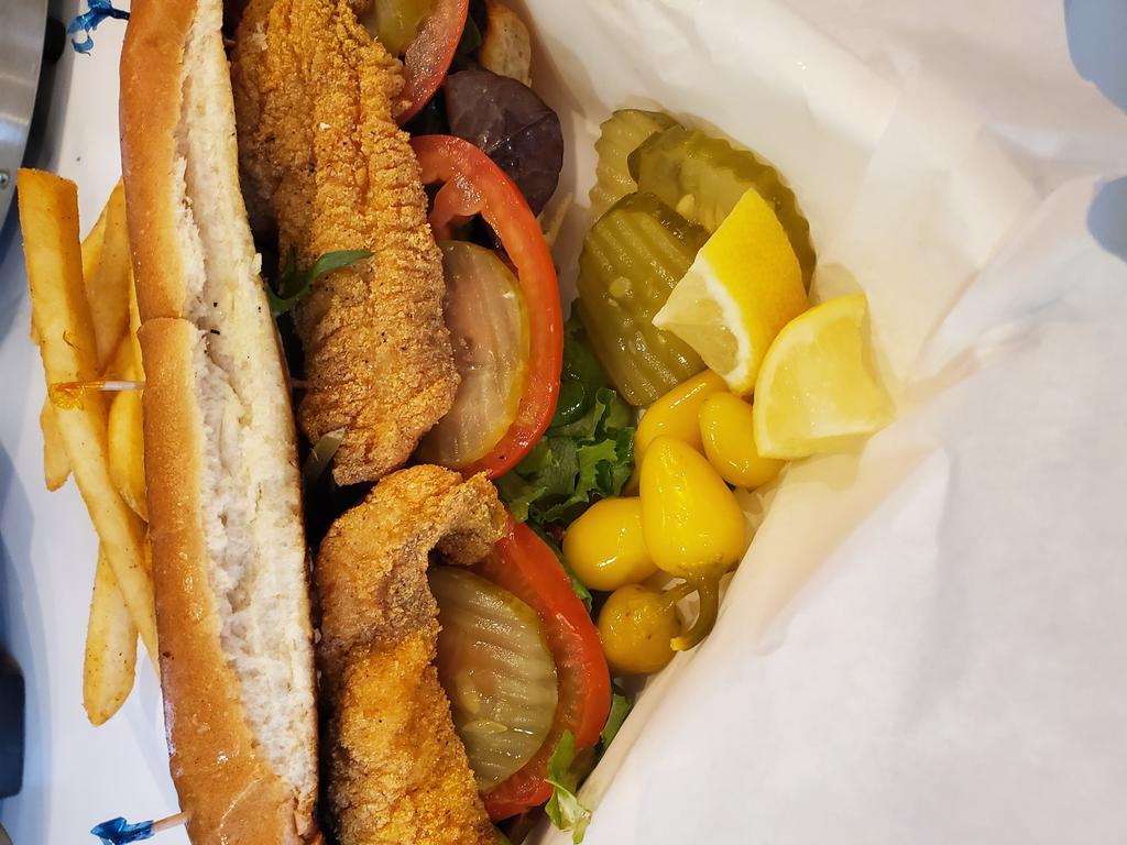 Catfish Po' Boy · Comes with a side of French fries.