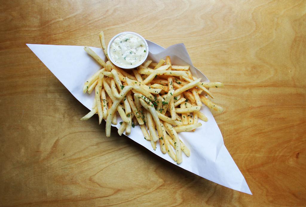 Basket of Fries · Crispy shoestring fries seasoned with fresh rosemary, served with lemon-garlic aioli. Gluten free.