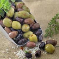 Country Mix Pitted Olives · Imported marinated mix of Kalamata, Ionian Green, Amfissa, Cracked Green and Atalanti with h...