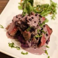 Jonathan · Filet Mignon Steak with Blueberry Goat Cheese Sauce Served with Fresh Arugula Salad and Fren...