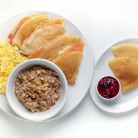 Russian Grandma  · Buckwheat Porridge Cooked on Milk, Two Eggs Any Style, Two Crepes Filled with Cream Cheese a...