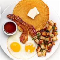 Traditional Buttermilk Pancakes · Two Buttermilk Pancake, Two Eggs Any Style, Grilled Homestyle Potato, Double Smoked Applewoo...