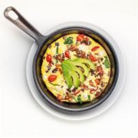 California Skillet · Baked in Oven Mixture of Eggs, Spinach, Pecan-Rosemary Bacon, Cherry Tomatoes and Goat Chees...