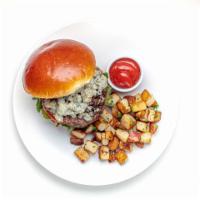 Bacon Jam Burger · Arugula, blue cheese, hamburger, tomato and bacon jam served on a brioche bun. Your choice o...