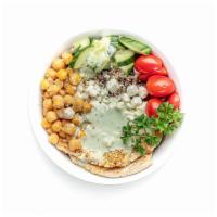Greek Chicken Bowl · Grilled chicken, 5 grain quinoa, cucumbers, cherry tomatoes, roasted chickpeas, topped with ...