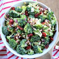 Broccoli Bacon Salad · Broccoli, bacon, red onion, mixed raisins, sunflower seeds, poppyseed dressing 