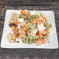 Greek Pasta Salad · Tomatoes, cucumber, onion, and olives.