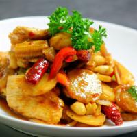 Kung Pao · Szechuan style spicy stir fry with peanuts, water chestnuts, peppers and baby corn.