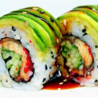 Caterpillar Roll · Inside unagi, cucumber and tobiko. On top: avocado and eel sauce. 