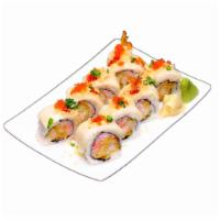 White Mountain · Crabstick and shrimp tempura inside.  White tuna, tobiko, tempura flakes, scallions, eel sau...