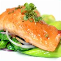 Gluten-Free Miso Salmon · Seared salmon with our miso-glaze, served with wok-seared baby bok choy. Gluten free. 