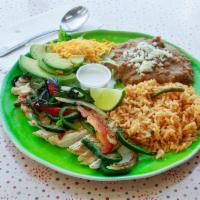 Chicken Fajita Platter · Chicken fajita meat served w/ a side of blended cheese, sliced avocado, and sour cream. Incl...