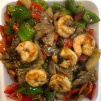 Pepper Beef and Shrimp · Stir fried beef and shrimp with bell pepper, onion in a brown sauce. Hot and spicy.