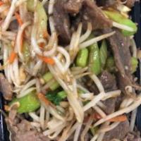 Beef Chop Suey · Stir fried beef with celery, bean sprouts, cabbage and carrots in a white  sauce.