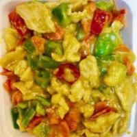 Curry Chicken · Stir fried chicken with bell pepper, onion, carrot in a curry sauce. White meat. Hot and spi...
