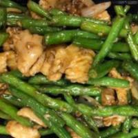 Chicken with Green Beans · Stir fried chicken with green beans in a brown sauce. White meat.