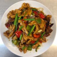 Beijing Chicken · Deep fried chicken in a sweet spicy sauce. White meat. Hot and spicy.