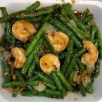 Shrimp with Green Beans · Stir fried shrimp with green beans in a black beans sauce.