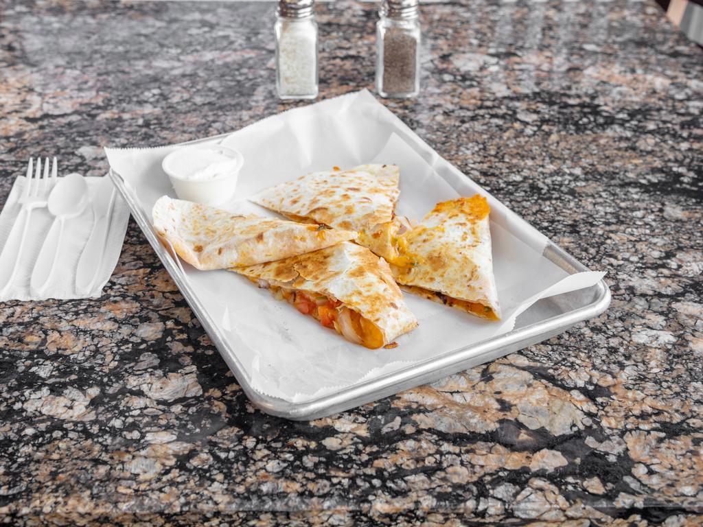 CHEESE QUESADILLA  · LARGE FLOUR TORTILLAS STUFFED CHEESE AND SIDE OF SOUR CREAM.
