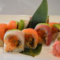 723. Ichiban Roll · 10 pieces. Lobster salad with tuna, salmon, eel, crunchy spicy tuna, yellowtail and chef's s...