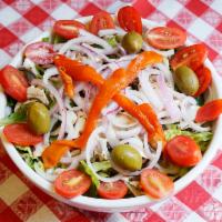 Grimaldi Salad · Romaine lettuce, red onion, oven roasted peppers, mushrooms, Sicilian olives, cherry tomatoe...