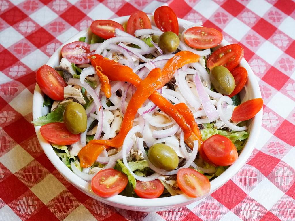 Grimaldi Salad · Romaine lettuce, red onion, oven roasted peppers, mushrooms, Sicilian olives, cherry tomatoes and finished in balsamic vinaigrette.