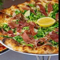 Fresca Pizza · Mozzarella, Parmesan, Arugula, Sicilian Lemon, Prosciutto