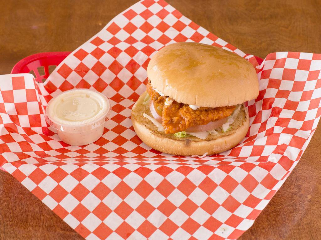 Buffalo Chicken Sandwich · Crispy chicken, Buffalo sauce, lettuce, tomato, onions, pickles, provolone cheese and ranch.