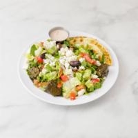 Greek Salad · Chopped romaine lettuce, tomatoes, cucumbers, red onions, Kalamata olives, scallions and fet...
