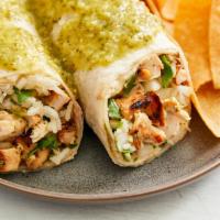 Fajita Chicken Burrito · Grilled chicken, fajita veggies, Spanish rice and pico de gallo. Served with fresh tortilla ...