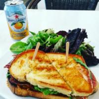 Gourmet Grilled Cheese · Prosciutto, Swiss, cheddar, arugula and tomato. Served with choice of shoestring fries or ba...