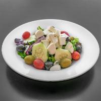 Fresh Mozzarella Salad  ·  Spring mix, olives, mozzarella, roasted peppers and vine ripe tomatoes.
