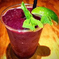 *FROZEN 16oz BLUEBERRY MOJITO · Organic lime juice, mashed sugarcane, steeped w/ fresh mint, pureed blueberries, and... lots...
