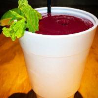 *FROZEN 32oz BLUEBERRY MOJITO · Organic lime juice, mashed sugarcane, steeped w/ fresh mint, pureed blueberries, and... lots...