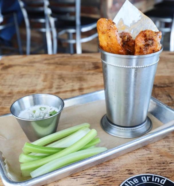 WINGS · (5) wings- Fried to perfection!! Tossed in your choice of sauces or dry rub & served with celery & your choice or ranch or blue cheese dressing.