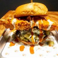 *BUFFALO CHICKEN · Made to order country style, deep fried, served on a Brioche bun w/ chopped horseradish pick...