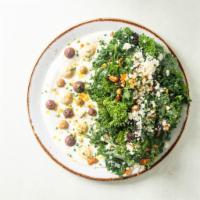 Mediterranean Kale Salad · Yuzu yogurt, olive puree, garlic puree, hummus, barley, raisins, cashews, cotija, veggie med...