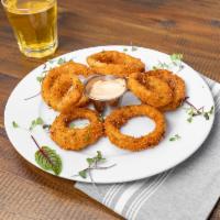 8 House-Made Onion Rings · Beer battered onion rings with 9900 dipping sauce.