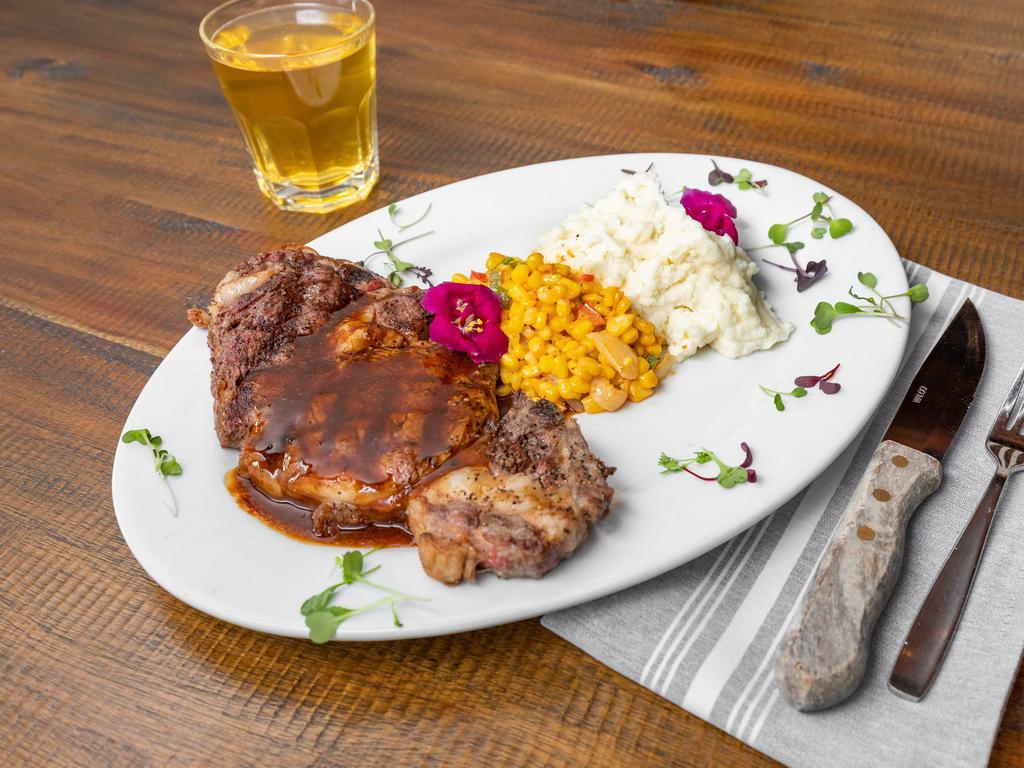 Ribeye · 14 oz. Oregon country natural beef. Served with choice of sauce and 2 sides.