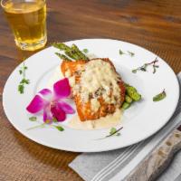 Pan Seared Salmon · 7 oz. filet with lemon, garlic, cream sauce. Served with mashed potatoes with grilled aspara...