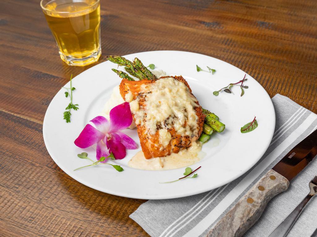 Pan Seared Salmon · 7 oz. filet with lemon, garlic, cream sauce. Served with mashed potatoes with grilled asparagus.
